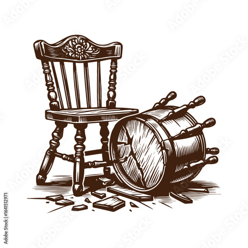 Broken Chair and Overturned Saloon Stool – Black and White Western Vector