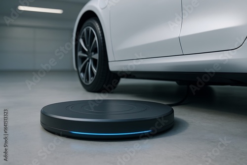 Electric vehicle charging pad under a white car in a garage