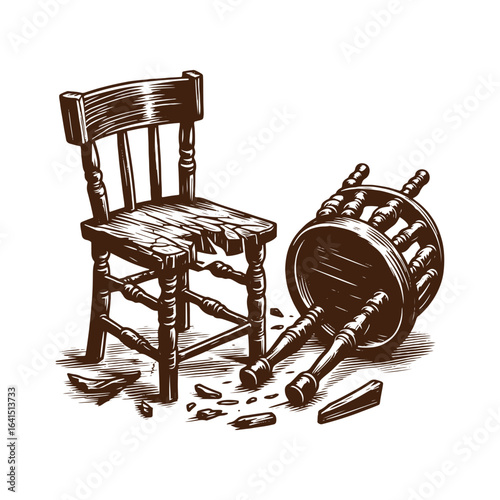 Broken Chair and Overturned Saloon Stool – Black and White Western Vector