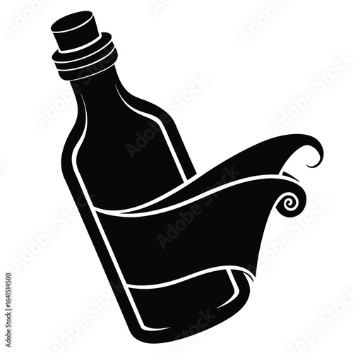 Black silhouette of a message in a bottle with a scroll