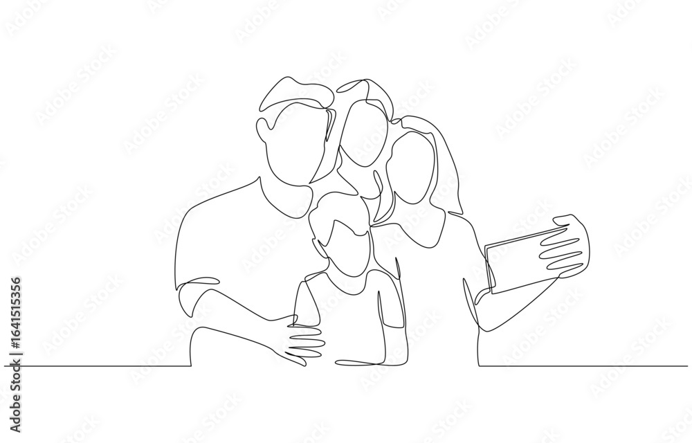 Fototapeta premium Continuous one line drawing of family taking group selfie with phone, symbolizing unity, love, togetherness, and joy of capturing memory, single line art