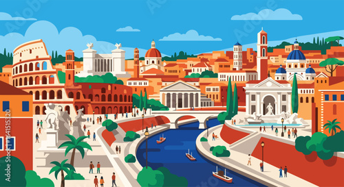 Adobe Illustrator Artwork flat style picturesque illustration of the historic Rome cityscape featuring the iconic Colosseum and surrounding ancient buildings under a clear blue sky