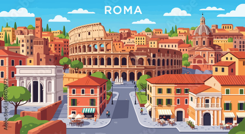 Adobe Illustrator Artwork flat style picturesque illustration of the historic Rome cityscape featuring the iconic Colosseum and surrounding ancient buildings under a clear blue sky