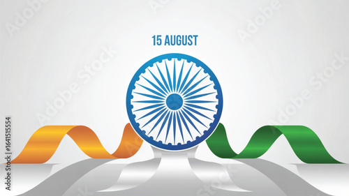 15 August India Independence Day illustration with Ashoka Chakra and flowing saffron-green ribbons symbolizing national pride