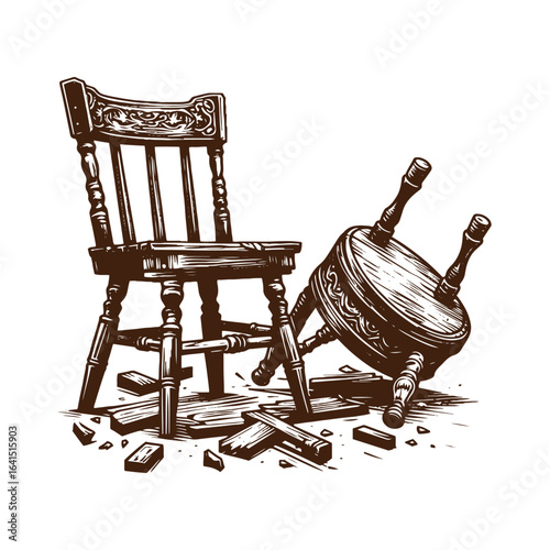 Broken Chair and Overturned Saloon Stool – Black and White Western Vector