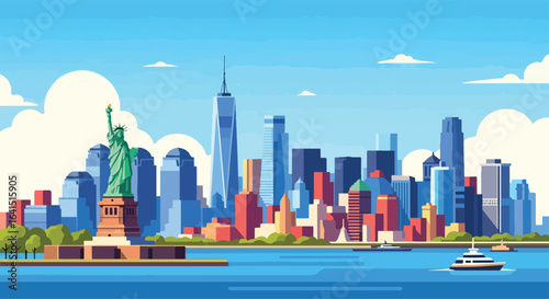 Adobe Illustrator Artwork flat style picturesque illustration of the dynamic New York Cityscape featuring the iconic Statue of Liberty and a panoramic view of the Manhattan skyline