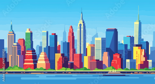 Adobe Illustrator Artwork flat style picturesque illustration of the dynamic New York Cityscape featuring the iconic Statue of Liberty and a panoramic view of the Manhattan skyline