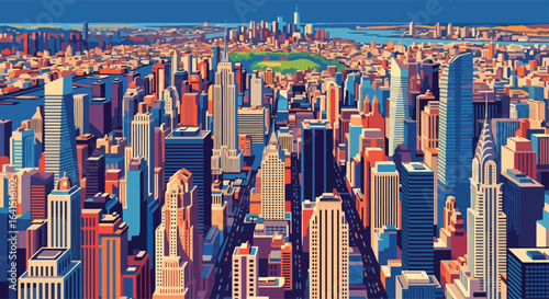 Adobe Illustrator Artwork flat style picturesque illustration of the bustling New York Cityscape with iconic skyscrapers like the Empire State Building and Chrysler Building