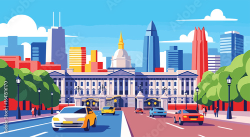 Adobe Illustrator Artwork flat style picturesque illustration of the iconic London cityscape featuring the Houses of Parliament with Big Ben, Buckingham Palace, and the Thames River