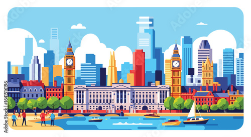 Adobe Illustrator Artwork flat style picturesque illustration of the iconic London cityscape featuring the Houses of Parliament with Big Ben, Buckingham Palace, and the Thames River