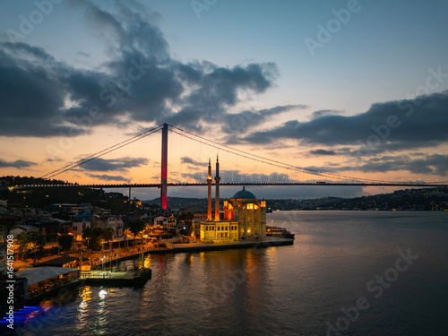 Ortakoy Mosque (Ortaköy Camii) in the Sun Lights Drone Photo, Ortaköy Besiktas, Istanbul Turkiye (Turkey)