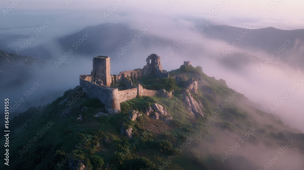 Castle ruins on a hill in fog. Travel background, for history themed articles Castle ruins on a hill in fog. Travel background, for history themed articles