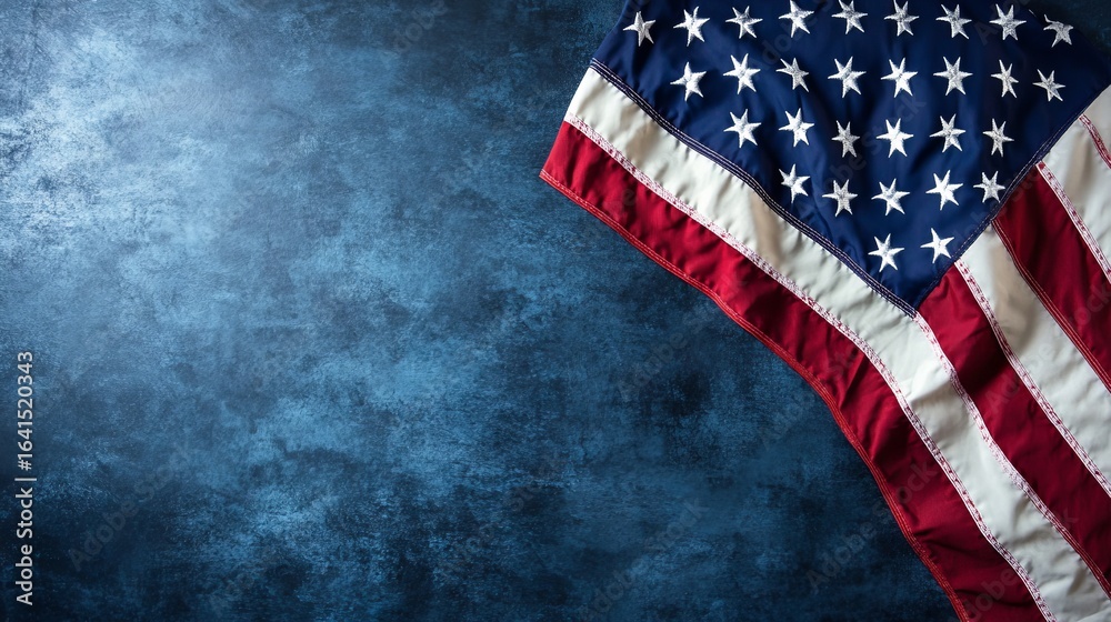 Obraz premium Vibrant USA Flag Banner Positioned in Top Right Corner Against a Dramatic Red State Background