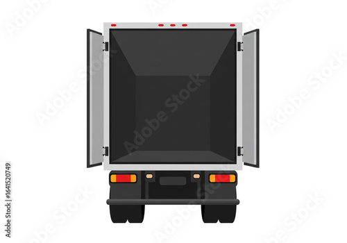 A rear view of a white delivery truck with open doors revealing a dark empty cargo area inside