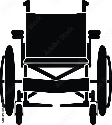 Black wheelchair icon on white, medical equipment for disabled people
