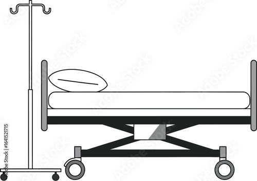 Hospital bed with IV drip, medical equipment on white background