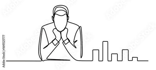 Continuous line art of a man pensive and stressed with a drastically decreasing graph. The concept of being tired from work. Confused and thinking hard.