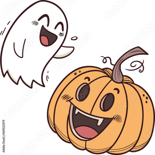 Hilarious Halloween Cartoon with Laughing Ghost and Pumpkin