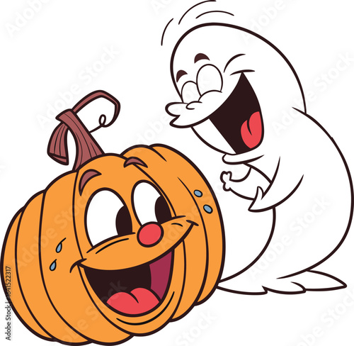 Hilarious Halloween Cartoon with Laughing Ghost and Pumpkin