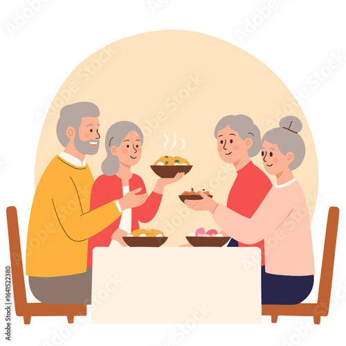 Elderly group sharing a meal. Seniors enjoying lunch together. Community dining among retirees. Warm gathering with old friends. Elderly set