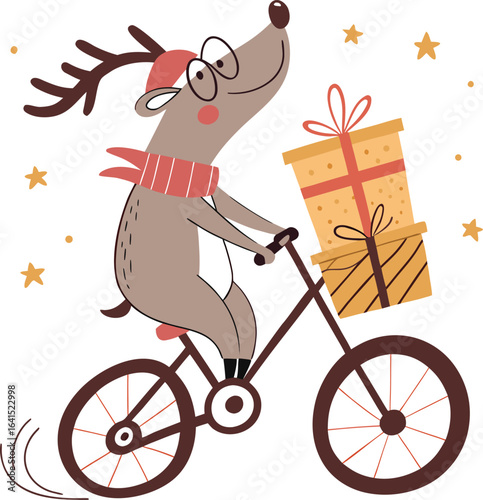 Christmas Reindeer Delivering Gifts by Bicycle