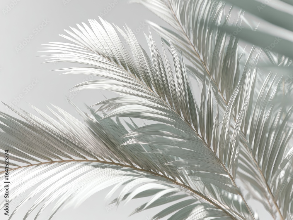 Fototapeta premium Close-up of light gray palm fronds against a light gray background