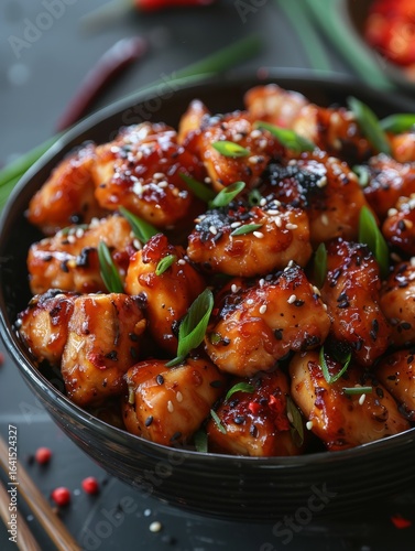 Plate of delicious glazed chicken pieces, garnished with sesame seeds and fresh green onions