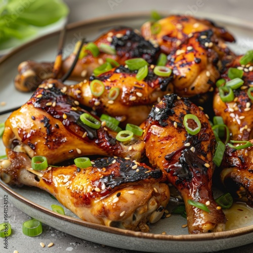 Plate of delicious glazed chicken pieces, garnished with sesame seeds and fresh green onions