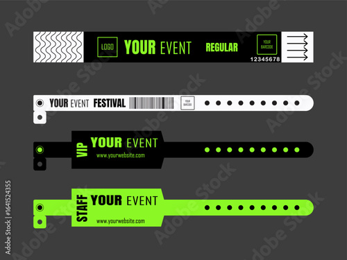 Event Wristbands Design Set with VIP Staff Regular Access, Green Neon