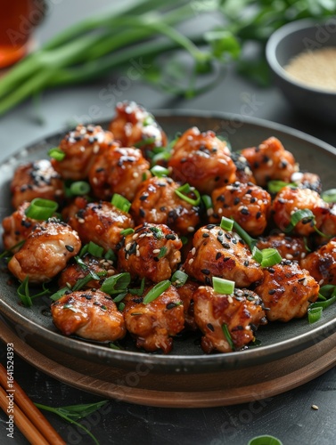 Plate of delicious glazed chicken pieces, garnished with sesame seeds and fresh green onions