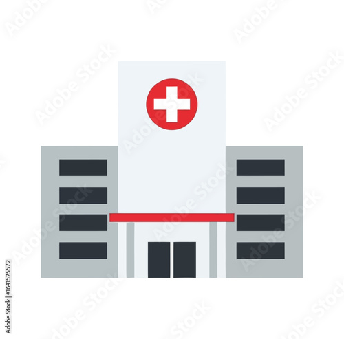 Modern hospital building with red cross on a white rounded background