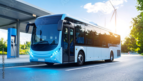 Electric bus with modern design parked at charging station, showcasing eco friendly transportation and renewable energy