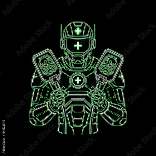 Neon Paramedic Robot with Defibrillator – Futuristic Emergency Bot