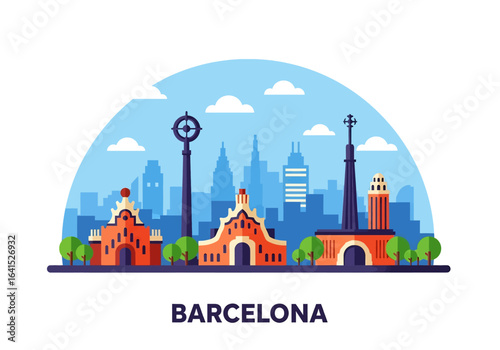 flat style picturesque illustration of Barcelona cityscape showcasing unique Gaudi-inspired architecture against a bright, slightly cloudy sky. Perfect for Spain travel and cultural themes