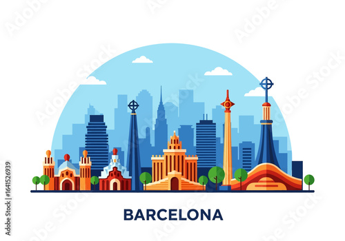 flat style picturesque illustration of Barcelona cityscape showcasing unique Gaudi-inspired architecture against a bright, slightly cloudy sky. Perfect for Spain travel and cultural themes