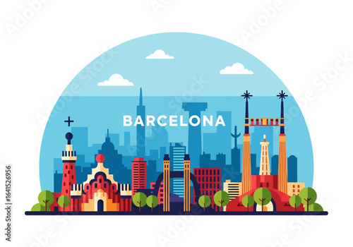 flat style picturesque illustration of Barcelona cityscape showcasing unique Gaudi-inspired architecture against a bright, slightly cloudy sky. Perfect for Spain travel and cultural themes