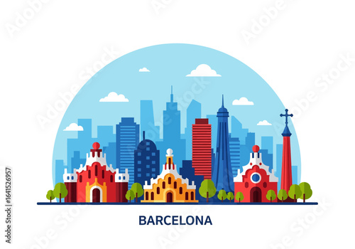 flat style picturesque illustration of Barcelona cityscape showcasing unique Gaudi-inspired architecture against a bright, slightly cloudy sky. Perfect for Spain travel and cultural themes