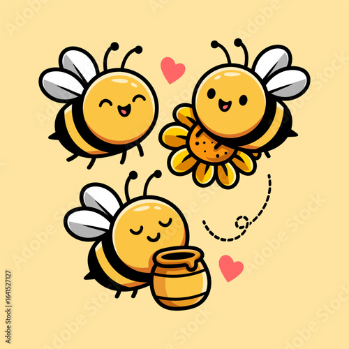 fun cute bees compilation with flower and honey chi-bi colored cartoon character isolated drawing line style sketch classic vintage design illustration