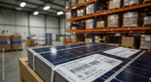 A stack of solar panels with labels in a warehouse with shelves filled with cardboard boxes behind it