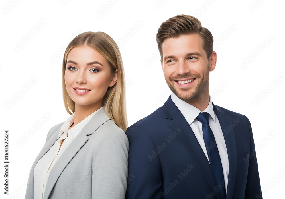 Smiling business people in suits standing back to back isolated on transparent background, symbolizing teamwork, confidence, and success Smiling business people in suits standing back to back isolated on transparent background, symbolizing teamwork, confidence, and success