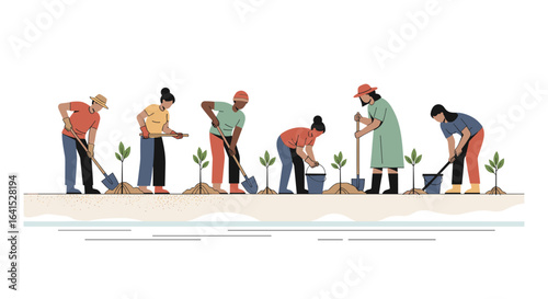Group of People Planting Trees in a Row, Environmental Conservation, Vector Illustration, Flat Design