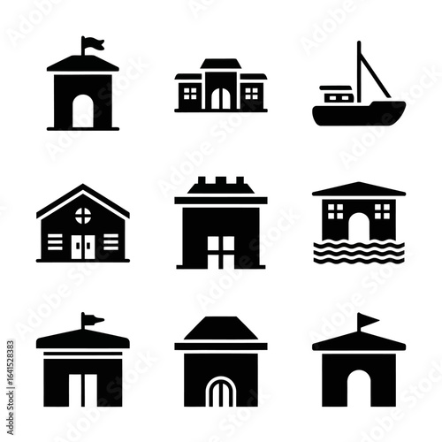 Vector art of collection of various building and boat icons isolated on white background