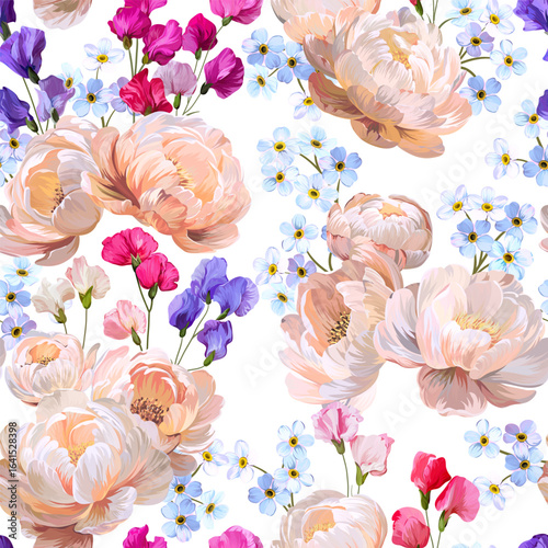 Pattern with peonies, forget-me-not and sweet pea flowers. Vector floral pattern with summer flowers and peonies. For paper, fabric, packaging and interior design.