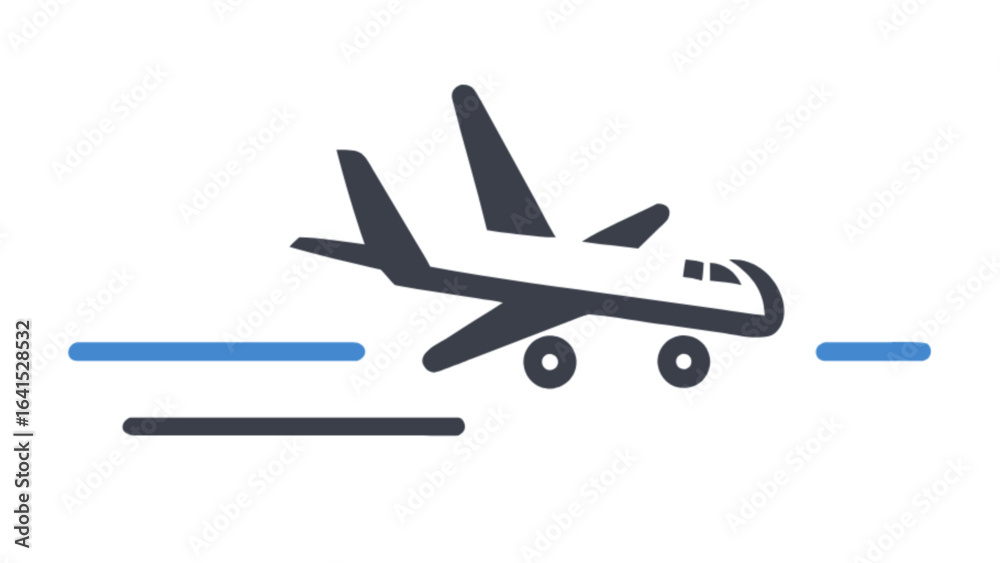 Illustration of a dark colored airplane with blue motion lines on a white background design style Illustration of a dark colored airplane with blue motion lines on a white background design style
