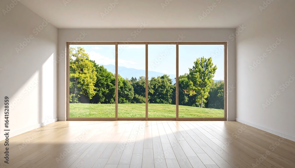 Fototapeta premium Empty room with large windows overlooking a landscape