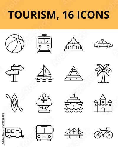 Tourism icons including transport, activities, and attractions  