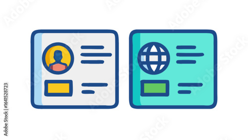Two business cards featuring a user icon and a globe icon in a vector style design element