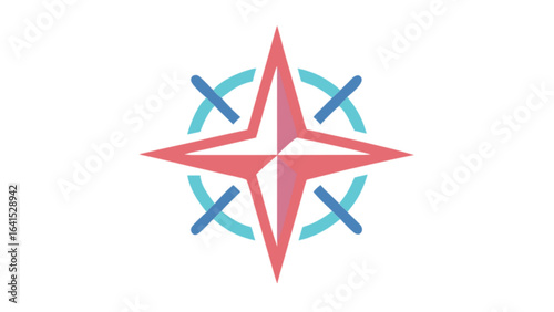 Illustration of a pink star with a white center surrounded by a blue circle with cross marks