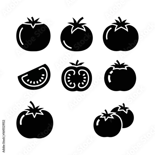 Vector art of collection of black and white tomato icons, including whole, sliced, and halved varieties