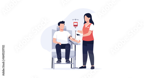 Blood Transfusion Procedure in Hospital: Nurse Administering IV Drip to Patient, Medical Treatment Illustration 